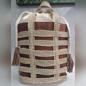 Like‎ New - Cost Plus World Market Cream and Brown Woven Satchel, Removable Tote